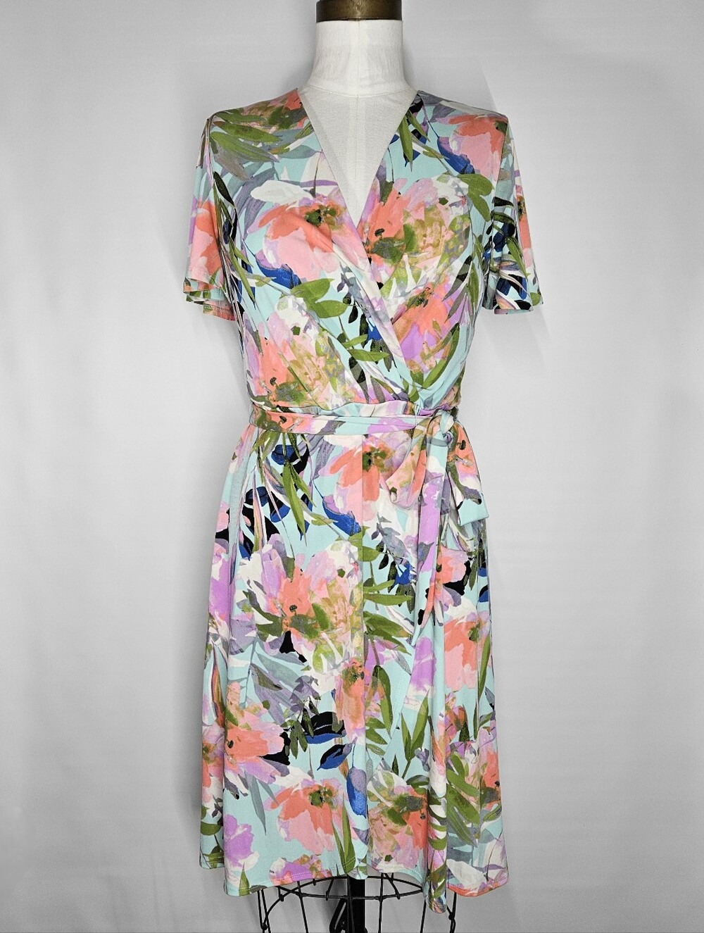 London Times 10/M Dress Floral Faux Wrap Midi Pastel Watercolor Short Sleeves